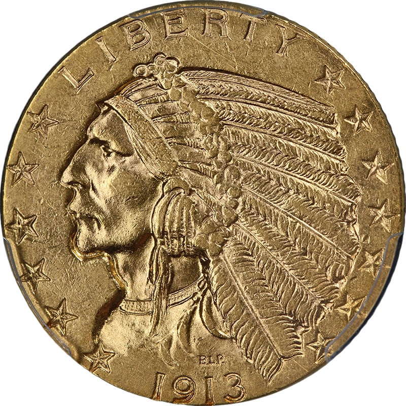 1913 Indian Head Five Dollar Gold Coin PCGS AU58 Certified: 1913 Indian Head Five Dollar Gold Coin PCGS AU58 Certified This 1913-P Indian Gold $5 coin is graded AU58 by PCGS. It features strong eye appeal, fantastic luster, and a well-defined strike. The coin 