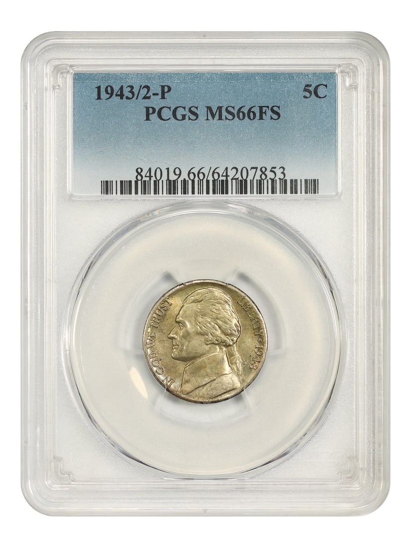 PCGS MS66FS 1943 2-P Jefferson 5C Overdate Philadelphia Nickel: PCGS MS66FS 1943 2-P Jefferson 5C Overdate Philadelphia Nickel Scarce 1943/2-P Jefferson Nickel from the War Nickel series, certified by PCGS in MS66FS. This uncirculated example is described as a pop