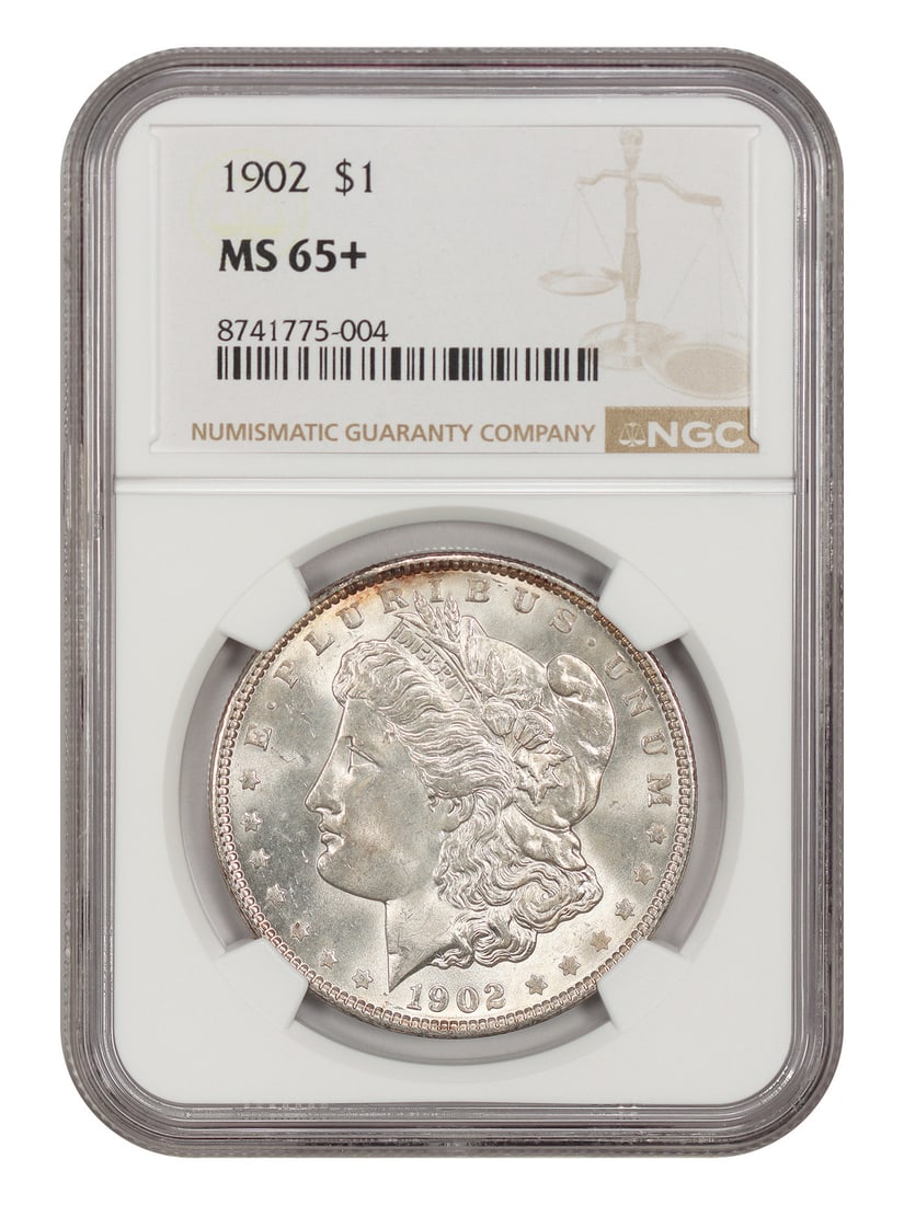 NGC MS65+ 1902 Philadelphia Morgan Silver Dollar $1: NGC MS65+ 1902 Philadelphia Morgan Silver Dollar $1 1902 Morgan Dollar certified by NGC in MS65+ grade. This uncirculated Philadelphia issue is a slightly better P-Mint example and is offered as a pre