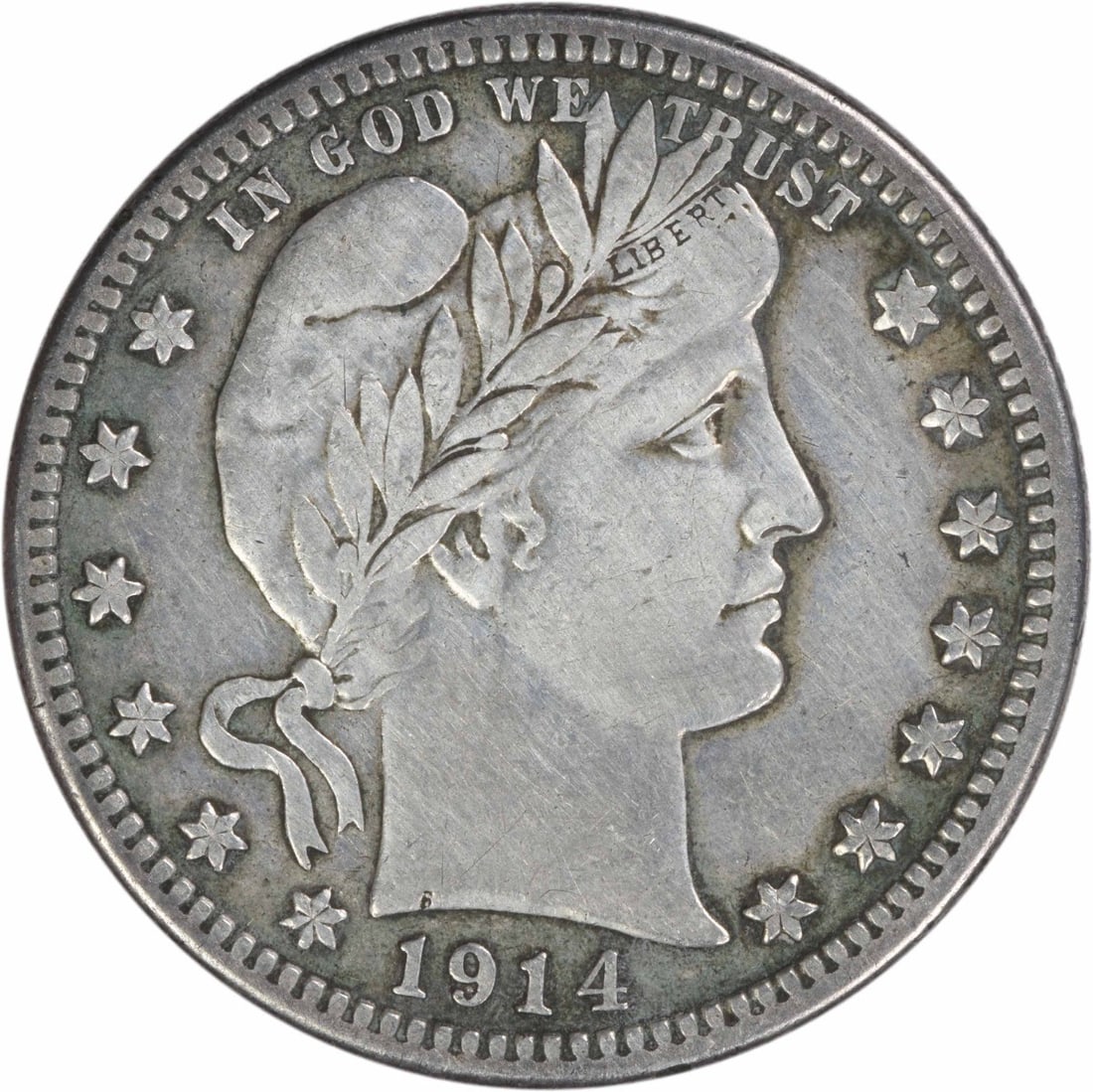 San Francisco 1914 Barber Quarter 90 Percent Silver Extra Fine Uncertified: San Francisco 1914 Barber Quarter 90 Percent Silver Extra Fine Uncertified This 1914-S Barber Silver Quarter is an uncertified, circulated coin minted in San Francisco. Graded EF (Extremely Fine), it 
