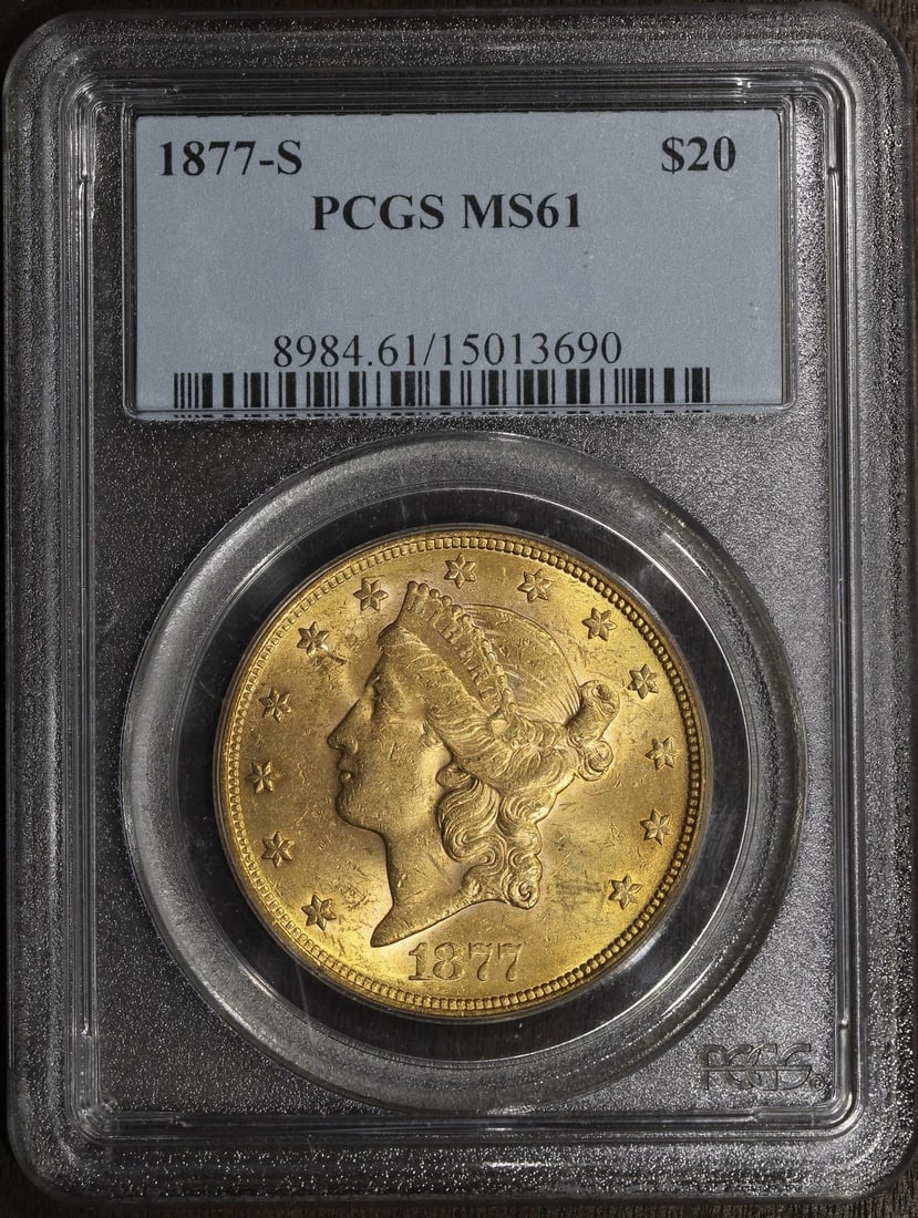 PCGS MS61 1877-S Liberty Head $20 Gold Double Eagle: PCGS MS61 1877-S Liberty Head $20 Gold Double Eagle Pre-owned 1877-S Liberty Head Gold Double Eagle $20 coin graded MS61 by PCGS. This United States gold coin has a $20 denomination and was minted in 