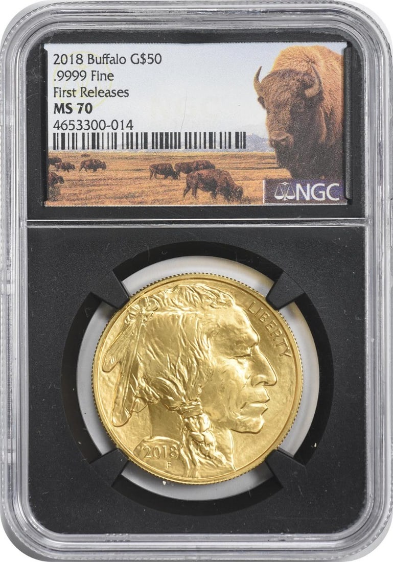 NGC MS70 2018 American Gold Buffalo $50 First Releases: NGC MS70 2018 American Gold Buffalo $50 First Releases This 2018 $50 American Gold Buffalo coin is graded MS70 by NGC, indicating a coin in flawless mint state condition. Struck by the U.S. Mint in Ph