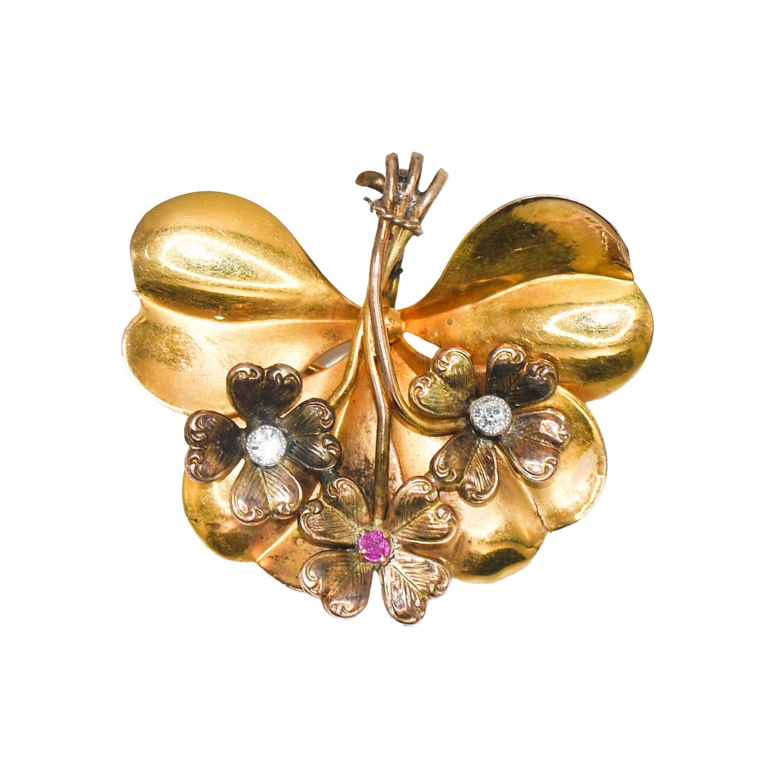 Antique Floral 18k Yellow Gold Brooch Pendant Diamond Ruby 7.2g (1 of 8)