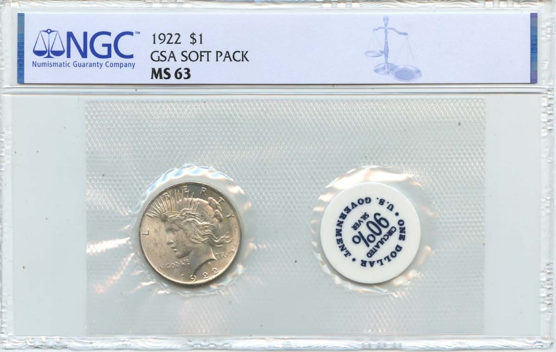 NGC MS63 1922 United States Peace Dollar S$1 GSA Soft Pack: NGC MS63 1922 United States Peace Dollar S$1 GSA Soft Pack 1922 Peace Dollar in a GSA soft pack, graded MS63 by NGC. This pre-owned coin is an uncirculated example of the United States Peace Dollar se