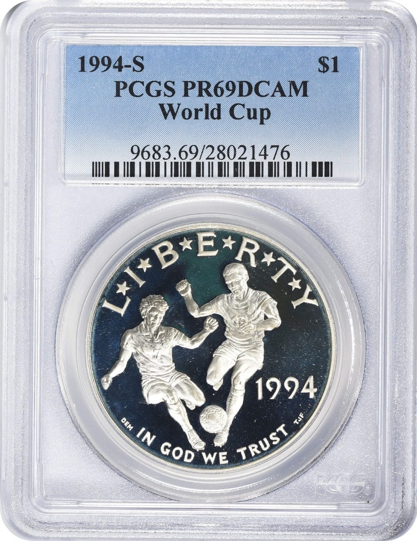 PCGS PR69DCAM 1994-S Silver Proof World Cup Commemorative Dollar Coin: PCGS PR69DCAM 1994-S Silver Proof World Cup Commemorative Dollar Coin This 1994-S World Cup Silver Commemorative Dollar is a proof coin struck at the San Francisco Mint and graded PR69 Deep Cameo by P
