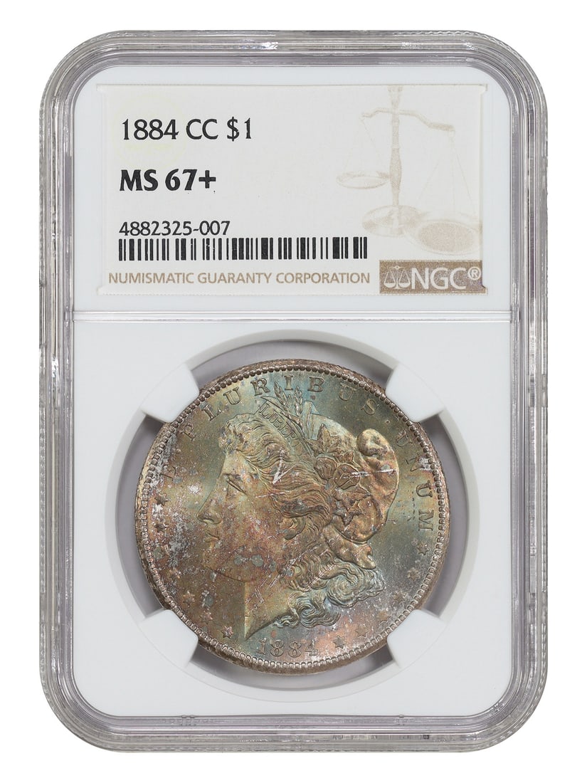 NGC MS67+ 1884-CC Morgan Dollar Carson City $1: NGC MS67+ 1884-CC Morgan Dollar Carson City $1 1884-CC Morgan Dollar certified by NGC in MS67+ grade. This uncirculated Carson City issue is noted for its color and luster, with mint bag pattern tonin