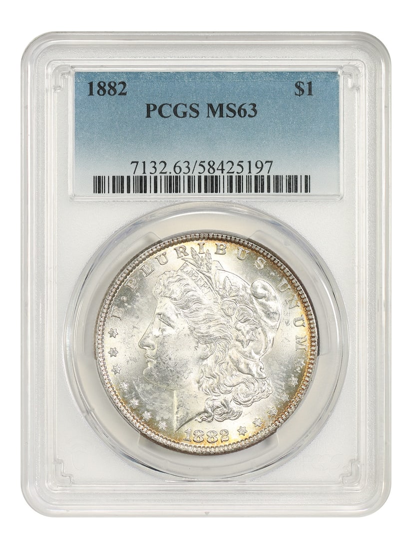 PCGS MS63 1882 Morgan Dollar $1 Philadelphia Mint: PCGS MS63 1882 Morgan Dollar $1 Philadelphia Mint 1882 Morgan Dollar $1 coin, minted in Philadelphia and graded MS63 by PCGS. The coin is uncirculated and certified, with certification number 58425197