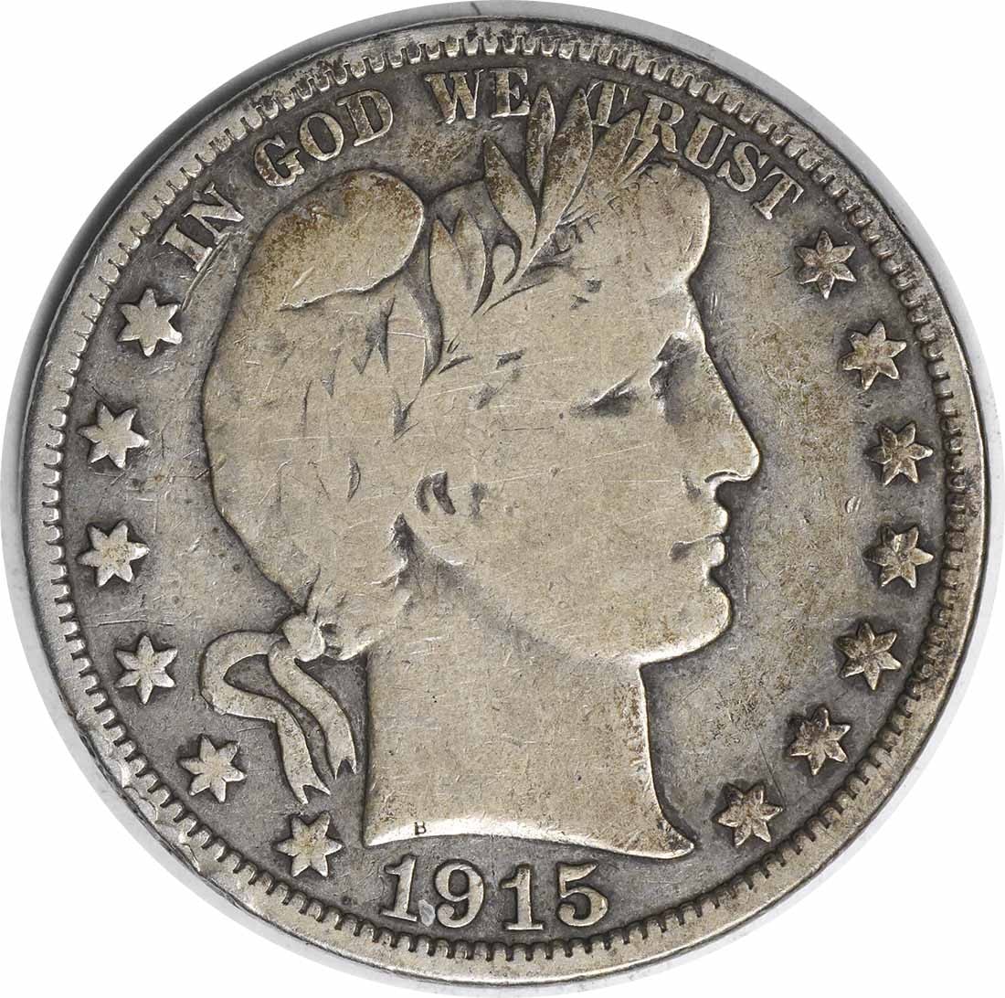 1915 United States Barber 50C Silver Half Dollar Grade F Uncertified: 1915 United States Barber 50C Silver Half Dollar Grade F Uncertified 1915 Barber Half Dollar in circulated, pre-owned condition with a Fine grade. This uncertified United States 50C coin is composed o