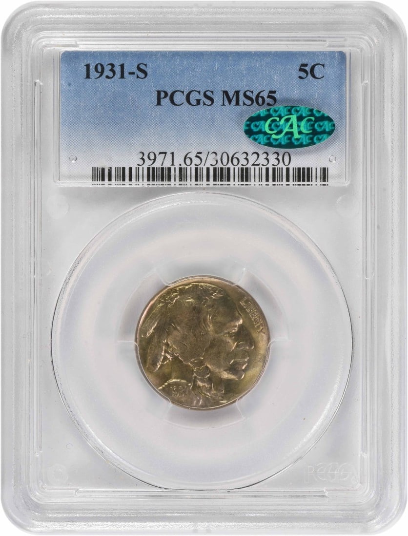 Buffalo Nickel 1931 S Five Cent MS65 PCGS CAC Certified Coin: Buffalo Nickel 1931 S Five Cent MS65 PCGS CAC Certified Coin This is a 1931-S Buffalo Nickel graded MS65 by PCGS and certified by CAC. The coin is uncirculated and features a composition of nickel. Is