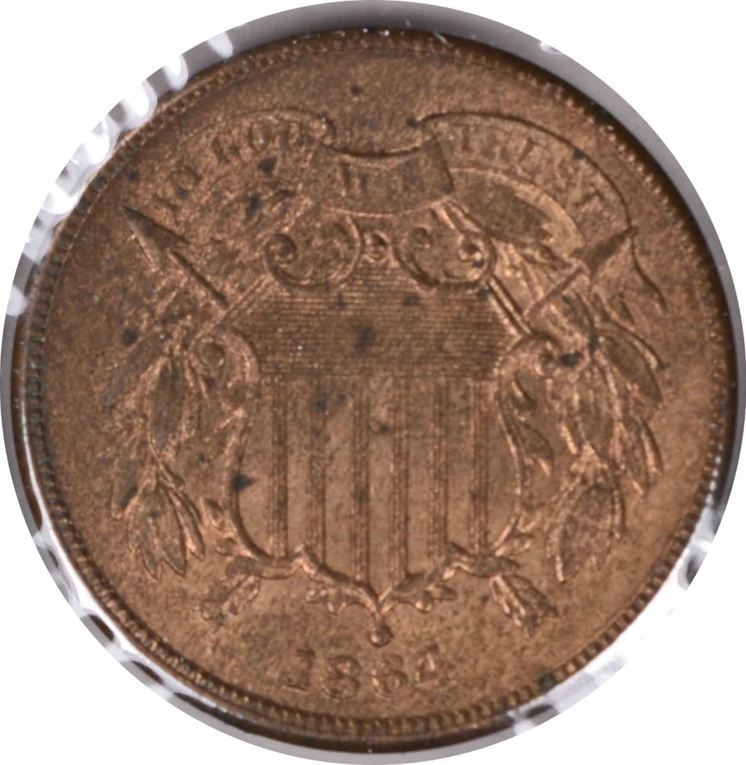 1864 2C Large Motto Copper Coin Rotated Reverse Choice BU: 1864 2C Large Motto Copper Coin Rotated Reverse Choice BU An 1864 Two Cent Piece with the Large Motto and rotated reverse, offered in Choice BU condition. The coin is uncertified, uncirculated, and ma