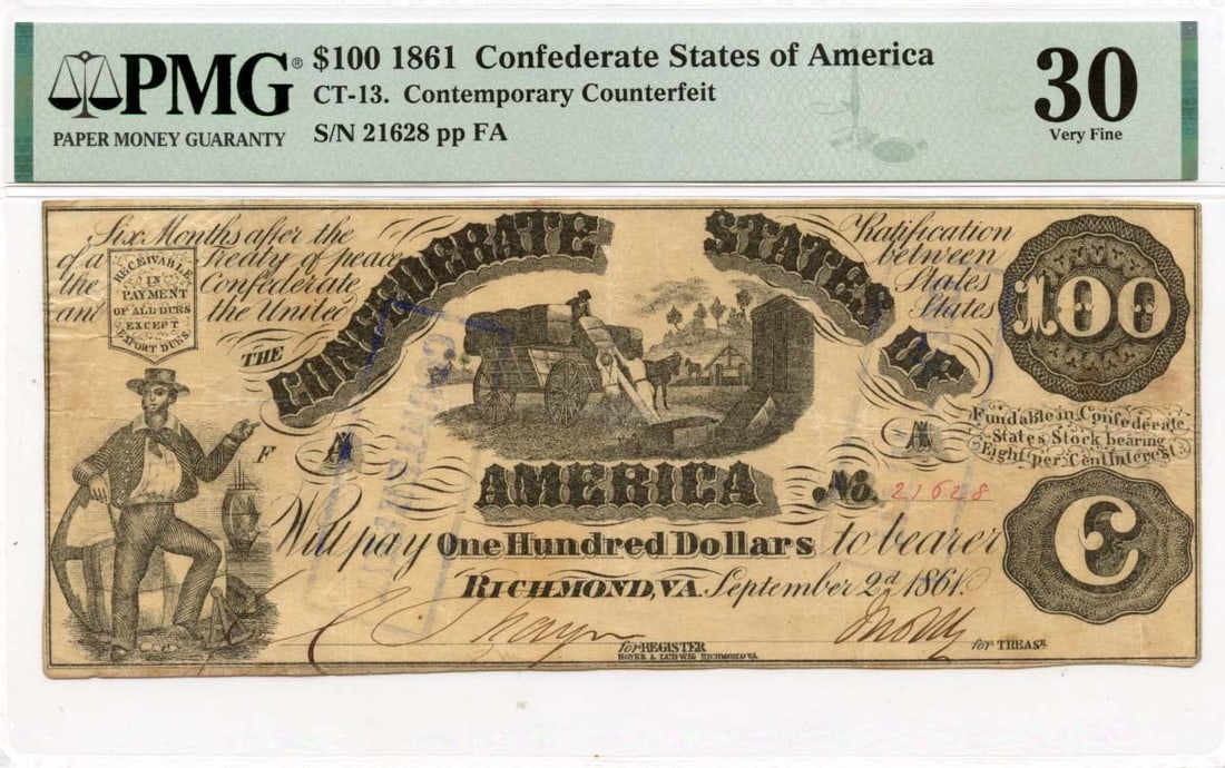1861 $100 Confederate Note CT-13 PMG VF30 Certified: 1861 $100 Confederate Note CT-13 PMG VF30 Certified This is an 1861 $100 Confederate States of America note, classified as a contemporary counterfeit (CT-13) and graded by PMG as VF30. The note has be