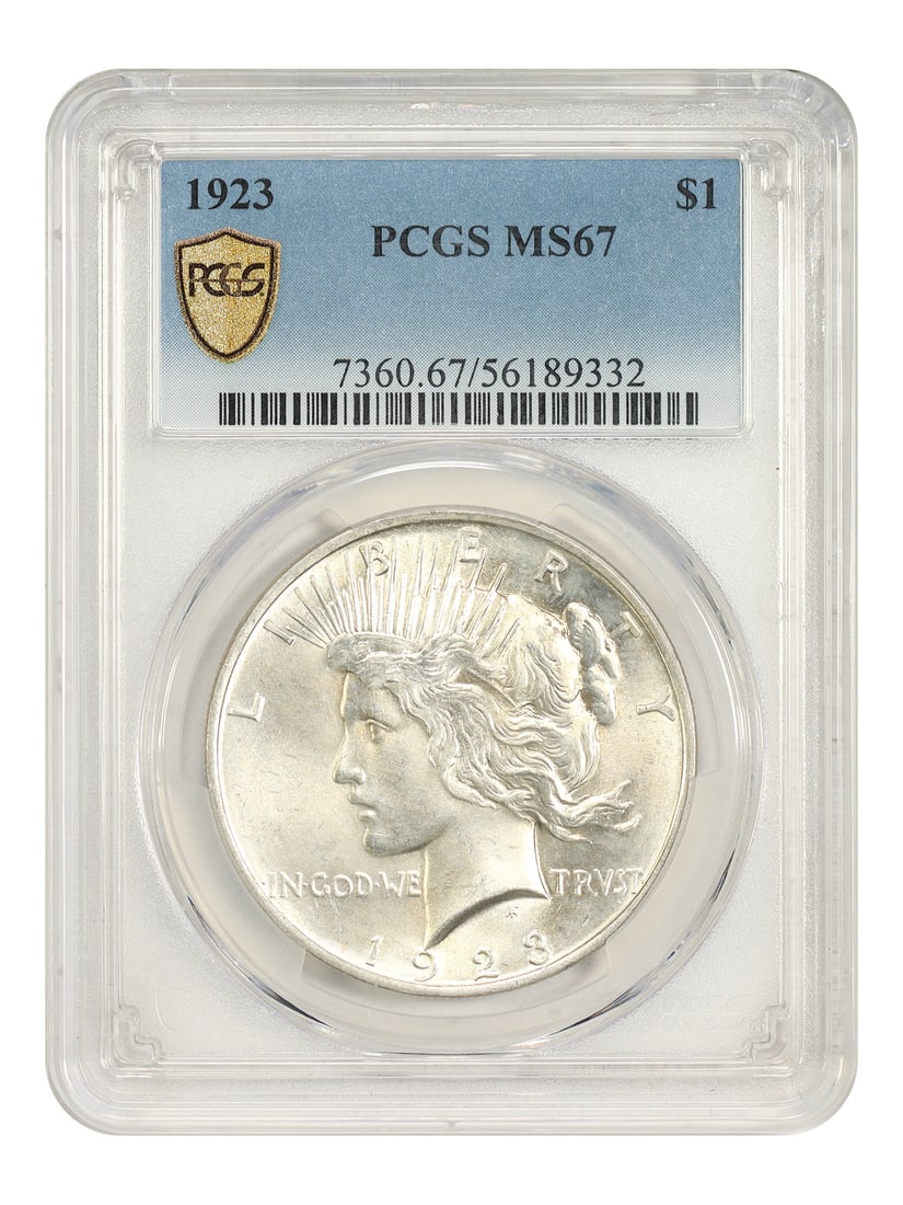 PCGS MS67 1923 Philadelphia Peace Dollar $1 Uncirculated Coin: PCGS MS67 1923 Philadelphia Peace Dollar $1 Uncirculated Coin 1923 Peace Dollar certified by PCGS as MS67. This uncirculated example is a popular collector date and one of the most common issues in th