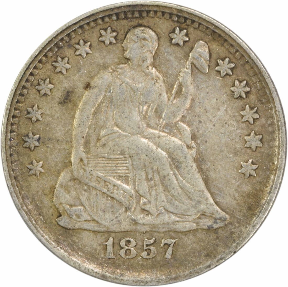1857 Liberty Seated Half Dime EF Uncertified 90% Silver Coin: 1857 Liberty Seated Half Dime EF Uncertified 90% Silver Coin This 1857 Liberty Seated Silver Half Dime is a beautifully preserved piece from the United States, featuring a design by Christian Gobrecht
