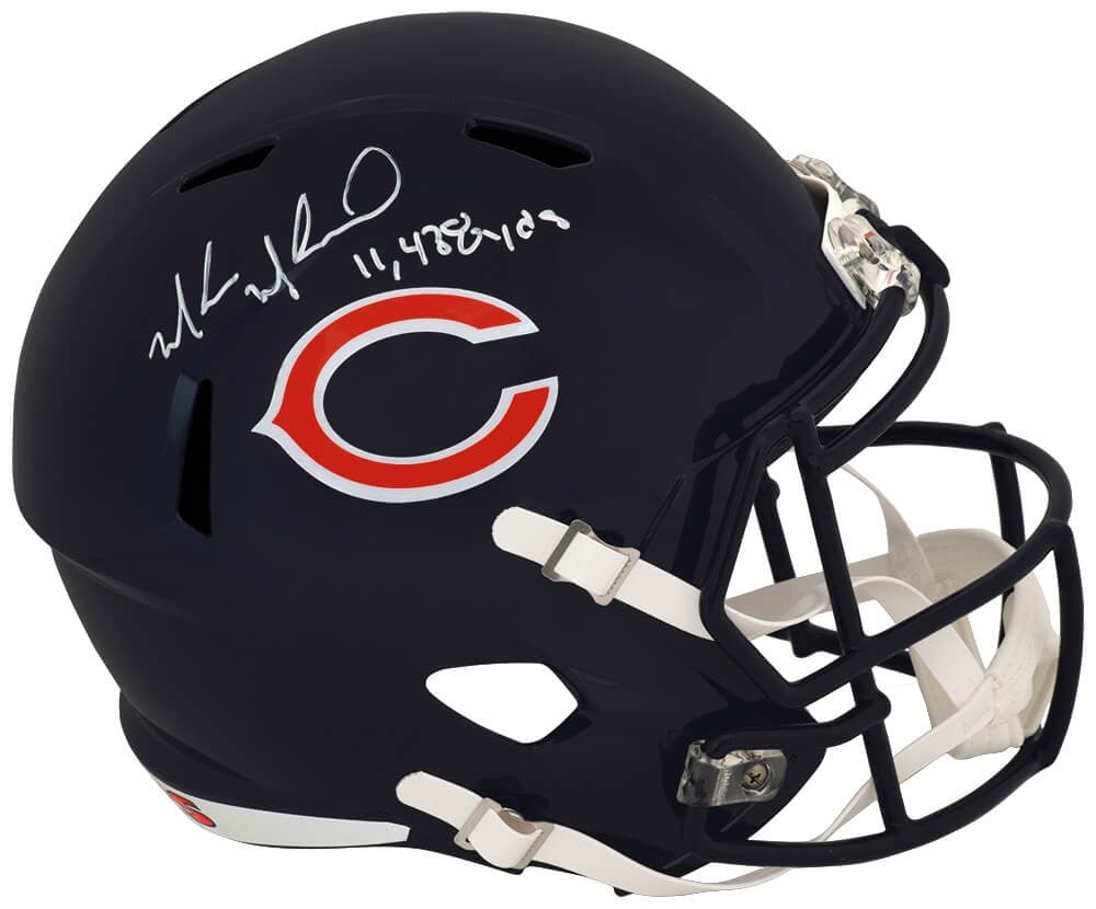 Chicago Bears Riddell full size speed replica helmet signed by Muhsin Muhammad: Chicago Bears Riddell full size speed replica helmet signed by Muhsin Muhammad This is a Chicago Bears Riddell full size speed replica helmet, personally signed by Muhsin Muhammad. The helmet features