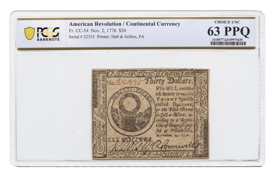 1776 $30 Continental Colonial Currency Note PCGS Choice UNC63 Fr. CC-54: 1776 $30 Continental Colonial Currency Note PCGS Choice UNC63 Fr. CC-54 1776 Continental Colonial Currency $30 note certified by PCGS as Choice UNC63. The original description notes that this is a not