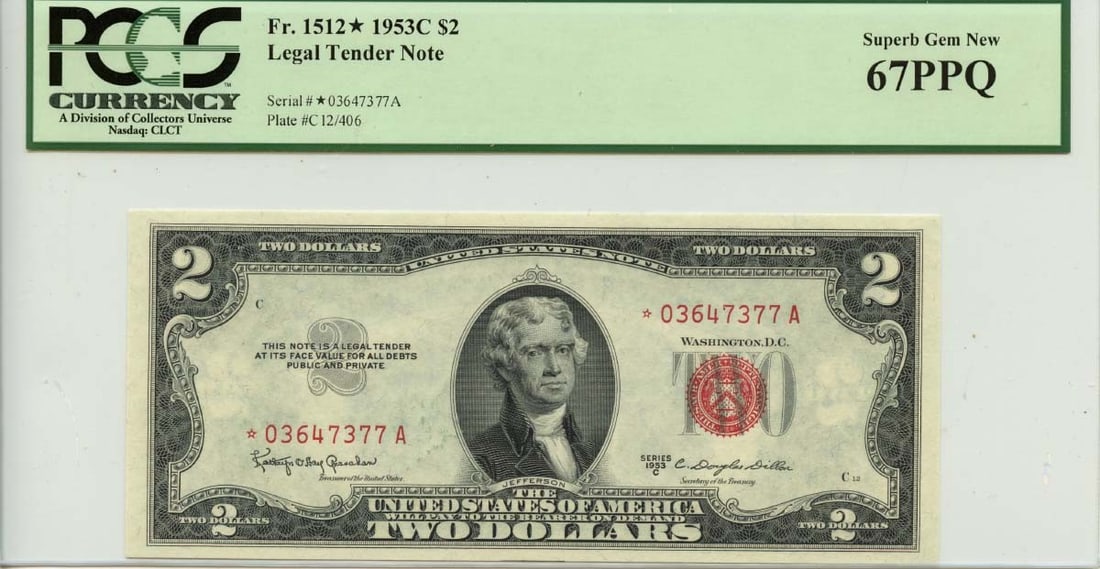1953 $2 Legal Tender Note FR#1512* PCGS Superb Gem 67 PPQ: 1953 $2 Legal Tender Note FR#1512* PCGS Superb Gem 67 PPQ This 1953 $2 Legal Tender Note, designated as FR#1512*, is certified by PCGS Currency with a superb gem grade of 67 PPQ, indicating its except