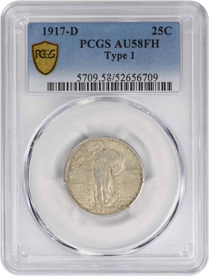 PCGS AU58FH 1917-D Standing Liberty 25C Silver Quarter: PCGS AU58FH 1917-D Standing Liberty 25C Silver Quarter 1917-D Standing Liberty silver quarter, Type 1, graded AU58FH by PCGS. This pre-owned United States 25C coin is a circulated example of the Stand