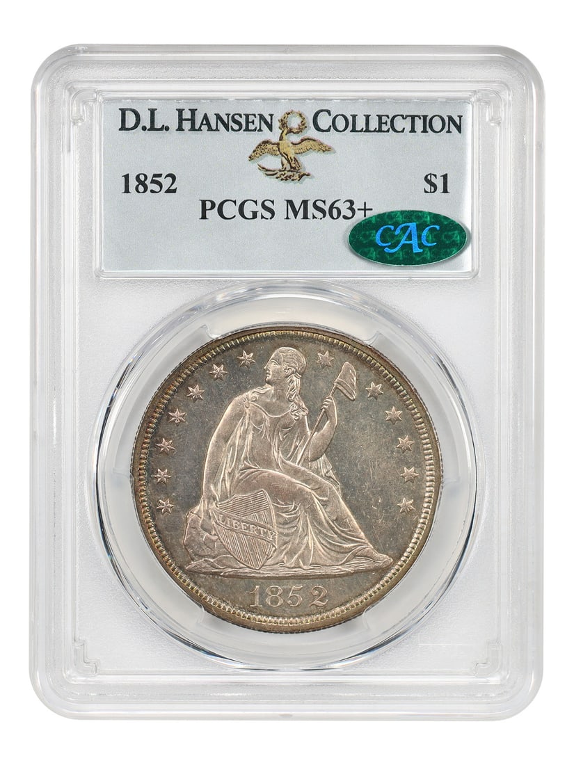 1852 Liberty Seated Dollar PCGS MS63+ CAC Approved Rarity: 1852 Liberty Seated Dollar PCGS MS63+ CAC Approved Rarity This 1852 Liberty Seated Dollar is a remarkable example of numismatic excellence, certified by PCGS with a grade of MS63+. With only three fin