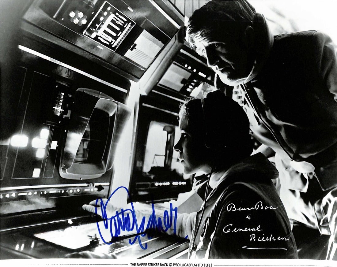 Autographed 8x10 Star Wars Photo Signed by Carrie Fisher and Bruce Boa Beckett LOA: Autographed 8x10 Star Wars Photo Signed by Carrie Fisher and Bruce Boa Beckett LOA This is an original 8x10 black and white photograph from Star Wars: The Empire Strikes Back, autographed by Carrie Fi
