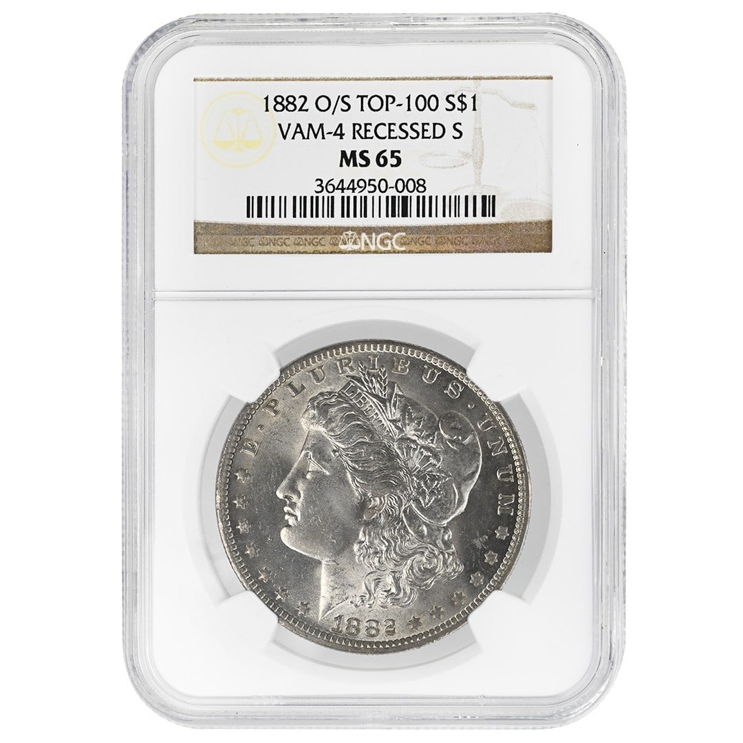 NGC MS65 1882 O Morgan Silver Dollar VAM 4 O S Recessed: NGC MS65 1882 O Morgan Silver Dollar VAM 4 O S Recessed 1882-O Morgan Dollar VAM 4 O/S Recessed from the New Orleans Mint. This silver $1 coin is an uncirculated example graded MS65 by NGC and offered