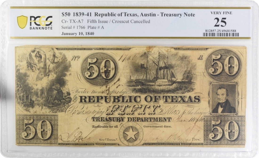 PCGS VF25 1839-41 Republic of Texas Austin A7 Crosscut $50 Cancelled (1 of 2)