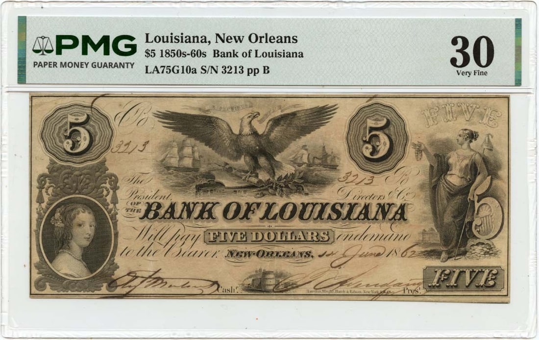 PMG VF30 1862 Bank of Louisiana New Orleans Obsolete Note: PMG VF30 1862 Bank of Louisiana New Orleans Obsolete Note 1862 Bank of Louisiana obsolete note from New Orleans, Louisiana. This pre-owned example is a circulated note graded VF30 by PMG. Specificatio