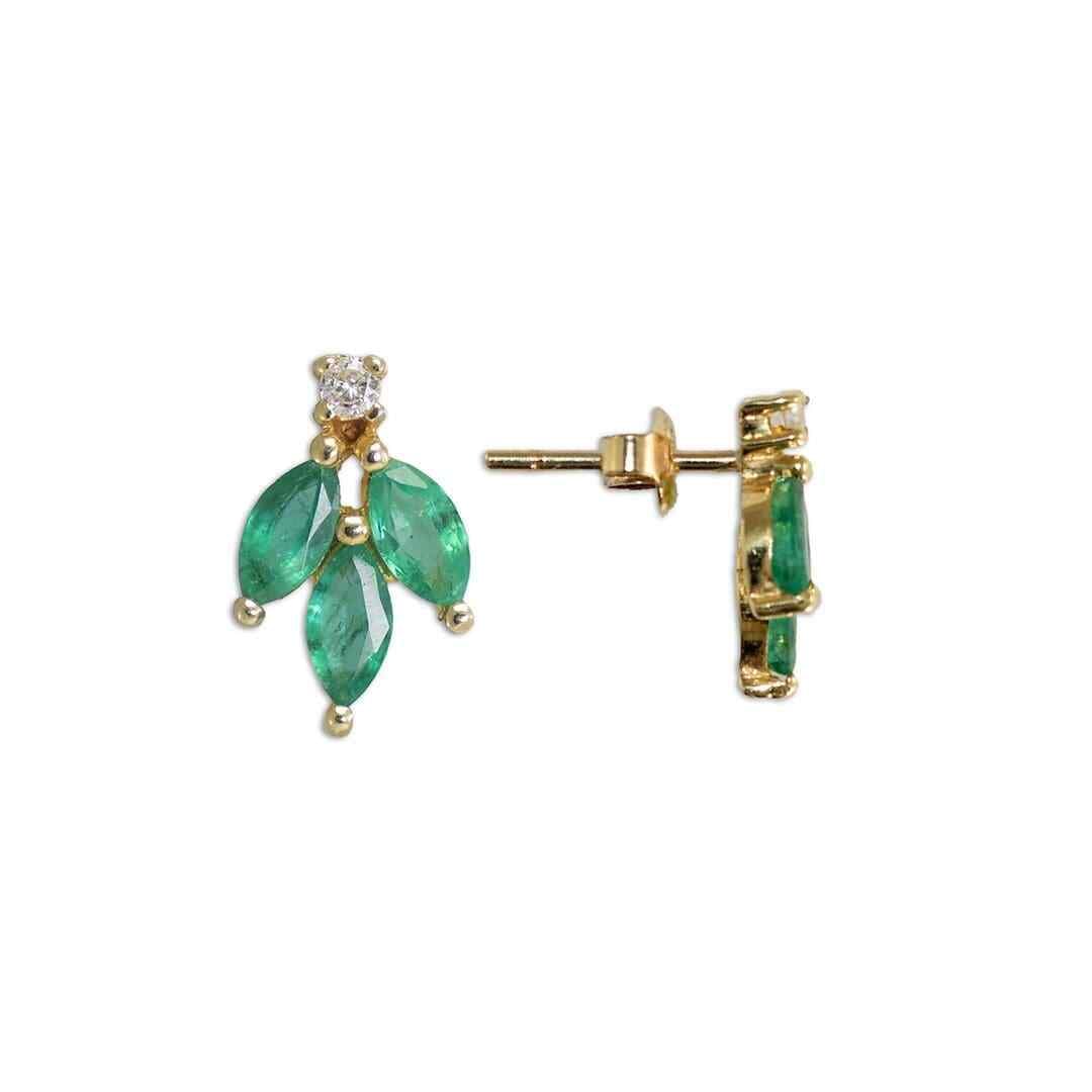 14K Yellow Gold Dangle Earrings with Emerald and Diamonds: 14K Yellow Gold Dangle Earrings with Emerald and Diamonds These elegant dangle/drop earrings feature natural marquise-shaped emeralds set in 14k yellow gold. Each earring is accented with a small roun