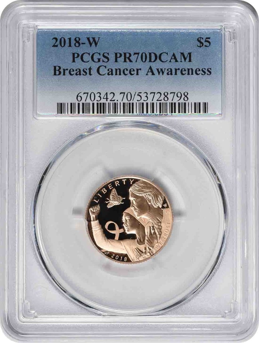 PCGS PR70DCAM 2018-W Breast Cancer Awareness $5 Gold Coin: PCGS PR70DCAM 2018-W Breast Cancer Awareness $5 Gold Coin This 2018-W Breast Cancer Awareness Commemorative $5 gold coin is graded PR70DCAM by PCGS, indicating a flawless proof coin with deep cameo co