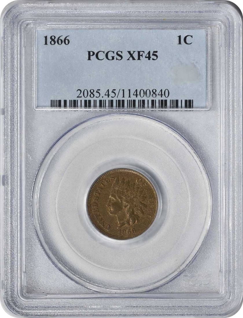 1866 Indian Head Copper Small Cent PCGS XF45 RPD Snow-9B: 1866 Indian Head Copper Small Cent PCGS XF45 RPD Snow-9B This 1866 Indian Head Cent features the RPD Snow-9B variety and is graded XF45 by PCGS. Made of copper, this circulated small cent originates f