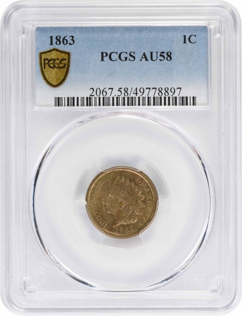 PCGS AU58 1863 Indian Head Small Cent Copper Coin: PCGS AU58 1863 Indian Head Small Cent Copper Coin 1863 Indian Head Small Cent certified by PCGS and graded AU58. This pre-owned United States coin is a circulated example struck in copper. Specificati