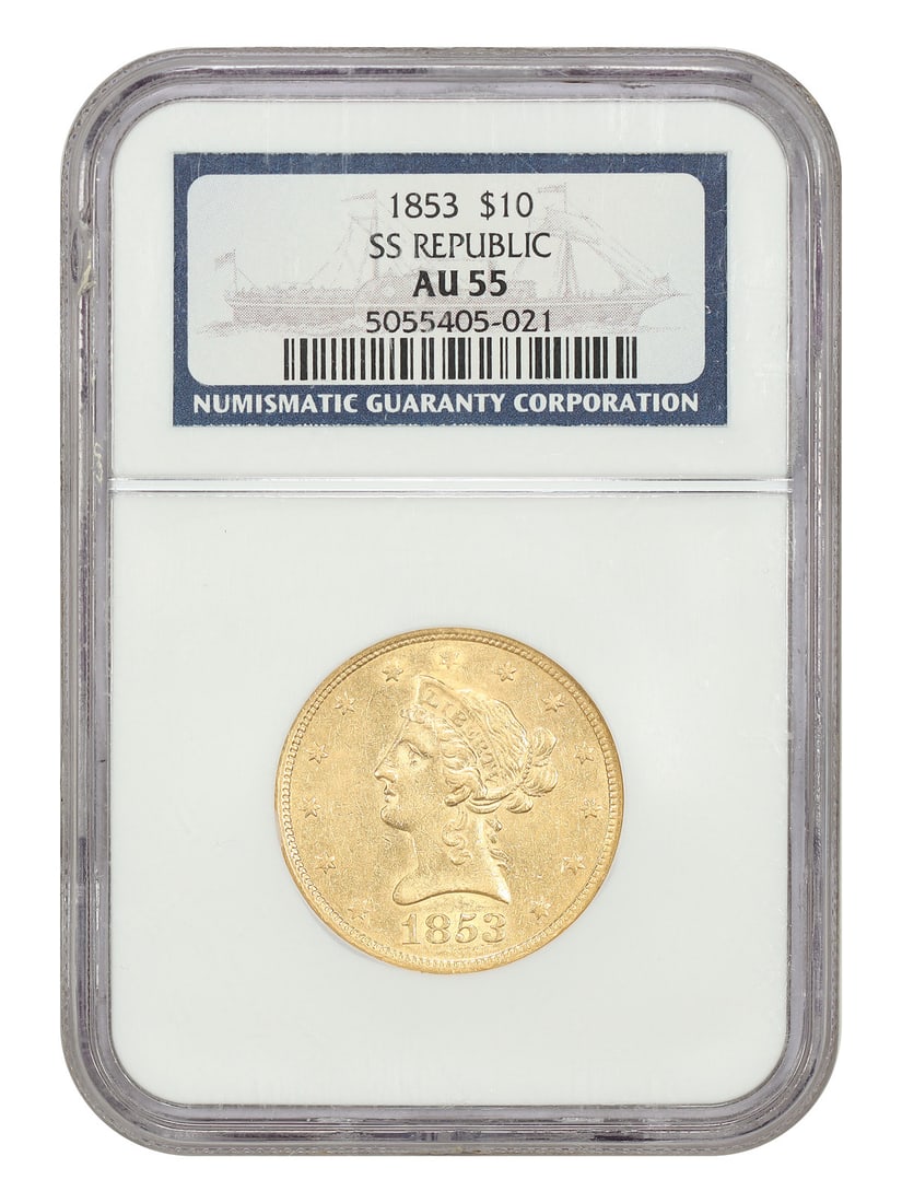 1853 Liberty Head $10 Eagle NGC AU55 S.S. Republic Shipwreck: 1853 Liberty Head $10 Eagle NGC AU55 S.S. Republic Shipwreck This 1853 $10 Liberty Head Eagle is a shipwreck-recovered coin from the S.S. Republic, a Civil War-era steamship that sank in 1865 off the 