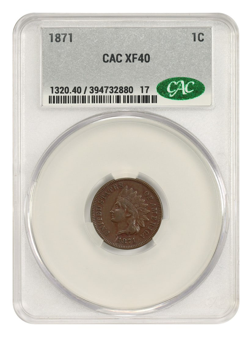 1871 Indian Cent 1C CACG XF40 BN Philadelphia: 1871 Indian Cent 1C CACG XF40 BN Philadelphia 1871 Indian Cent certified by CACG in XF40 condition. This circulated, pre-owned coin is a tough date example with brown color. Specifications Denominatio