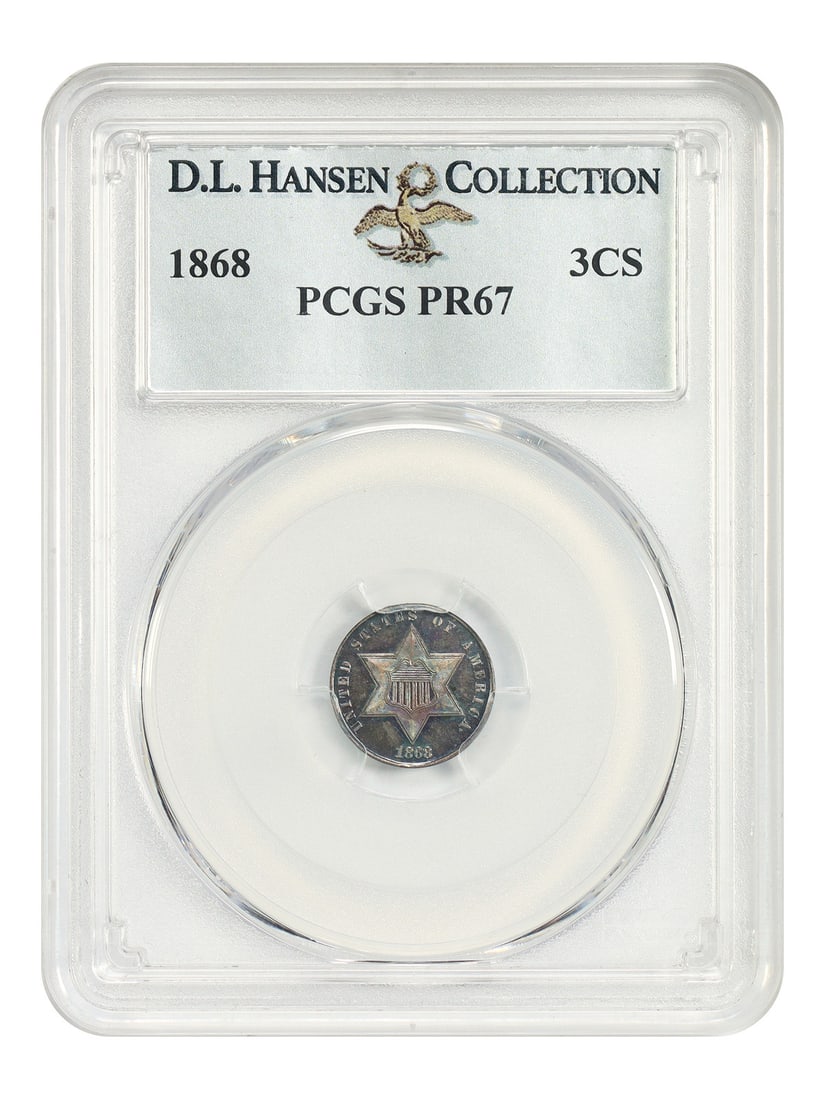 PCGS PR67 1868 Three Cent Silver 3CS Coin ex D.L. Hansen: PCGS PR67 1868 Three Cent Silver 3CS Coin ex D.L. Hansen 1868 Three Cent Silver certified by PCGS in PR67 grade, ex: D.L. Hansen. From a low mintage of just 600 pieces, this uncirculated example is de