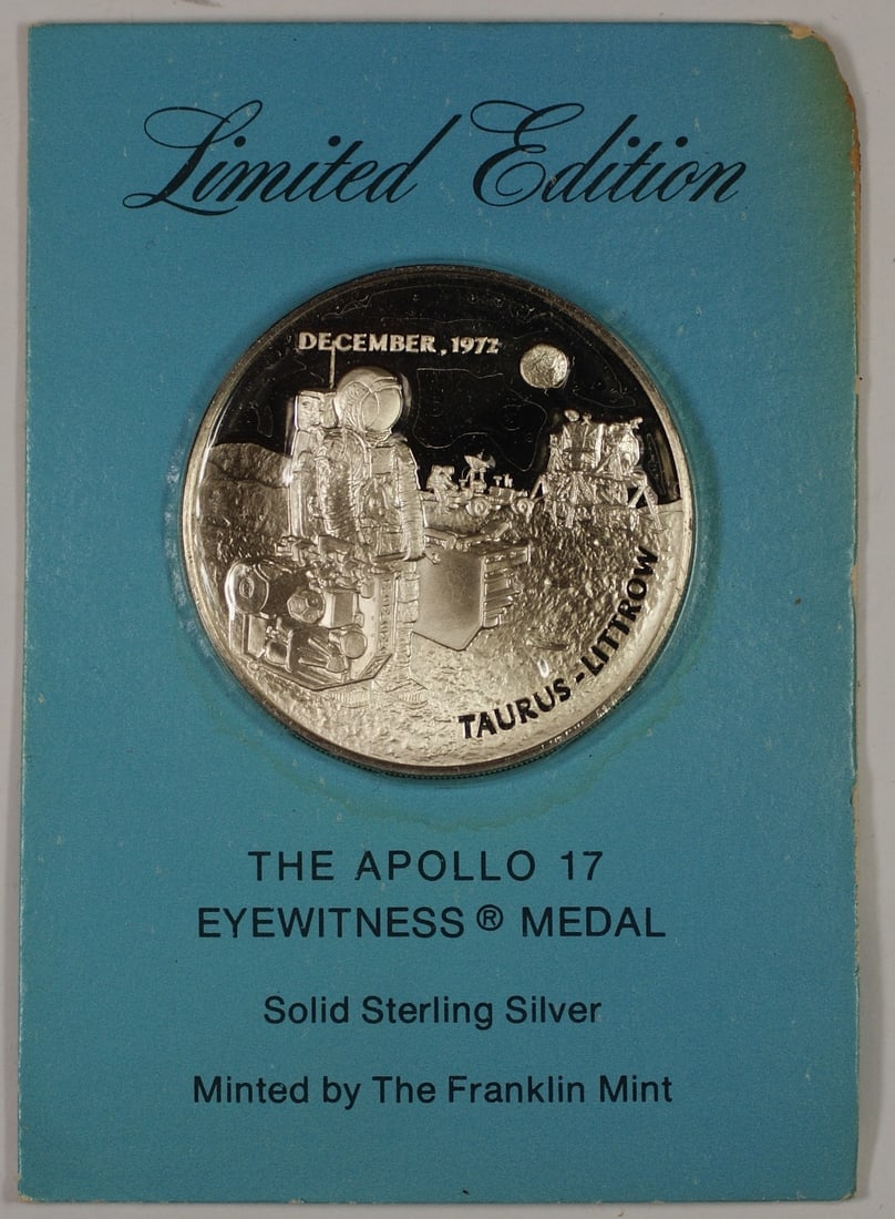 Apollo 17 Eyewitness Franklin Mint sterling silver medal: Apollo 17 Eyewitness Franklin Mint sterling silver medal This is a solid sterling silver proof medal commemorating the Apollo 17 mission, minted by the Franklin Mint. Crafted in the United States with