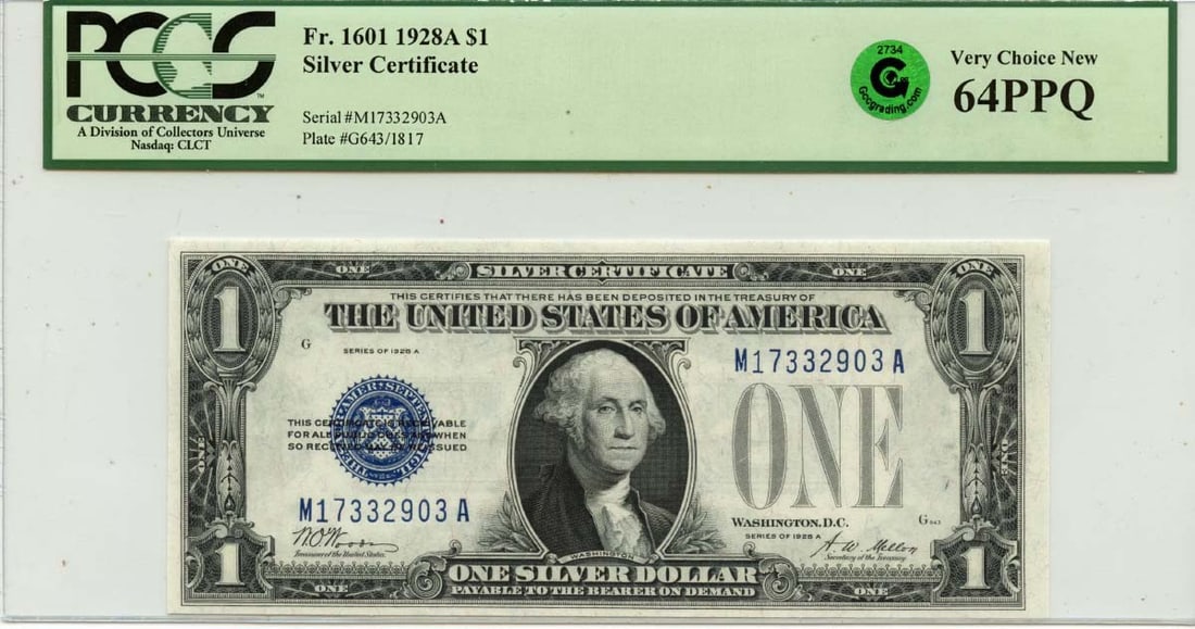 PCGS CU64 PPQ 1928A $1 Silver Certificate Fr 1601 GCC Green: PCGS CU64 PPQ 1928A $1 Silver Certificate Fr 1601 GCC Green 1928A $1 Silver Certificate, Fr. 1601, graded PCGS Currency CU64 PPQ. This pre-owned note is listed as uncirculated and issued in the United