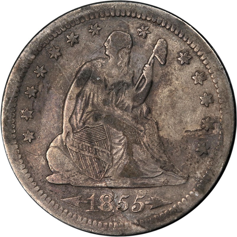 Key Date 1855-S Seated Liberty Quarter Silver VF Uncertified: Key Date 1855-S Seated Liberty Quarter Silver VF Uncertified This is an original 1855-S Seated Liberty Quarter from the United States. It is described as circulated, uncertified, and graded Nice VF. T