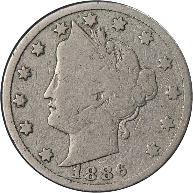 1886 Liberty Head V Nickel Key Date G VG Uncertified: 1886 Liberty Head V Nickel Key Date G VG Uncertified An original 1886 Liberty V Nickel in circulated condition with nice eye appeal and a nice strike. It is described as having nice color and nice sur