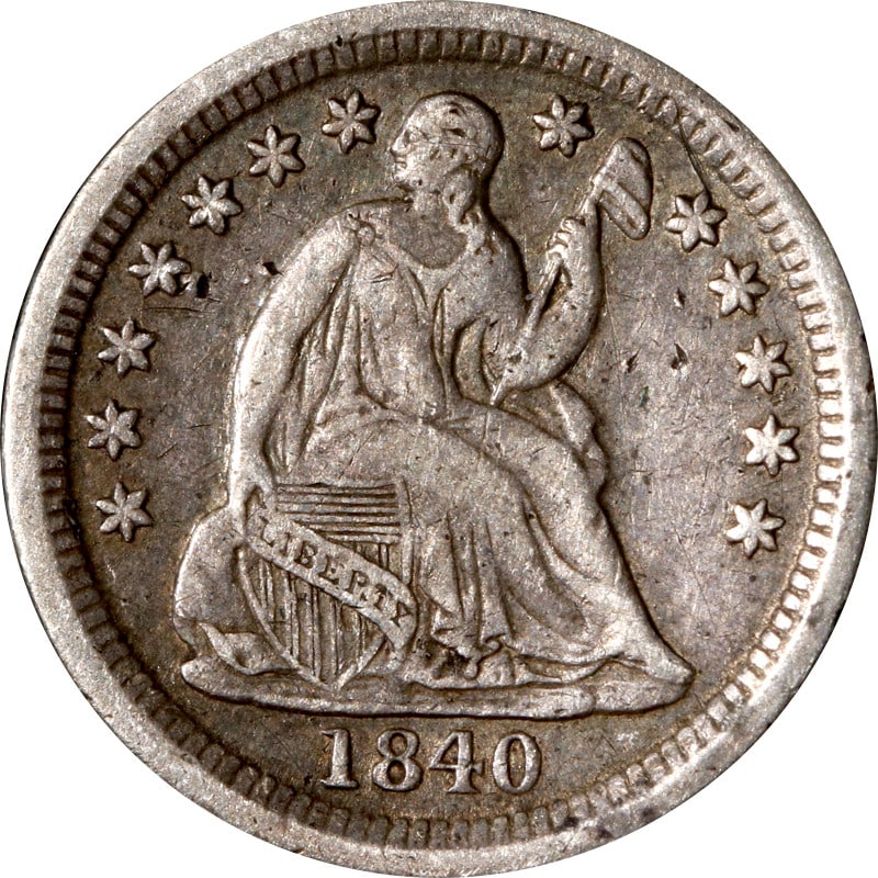1840 O Seated Liberty Half Dime Silver Coin With Drapery: 1840 O Seated Liberty Half Dime Silver Coin With Drapery 1840-O Seated Liberty Half Dime with Drapery. This pre-owned coin is composed of 0.9 fine silver and is in circulated, uncertified condition. T