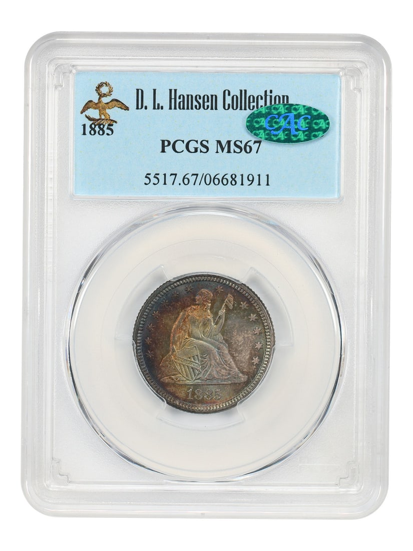 1885 Liberty Seated Quarter 25C PCGS MS67 CAC: 1885 Liberty Seated Quarter 25C PCGS MS67 CAC 1885 Liberty Seated Quarter graded PCGS MS67 with CAC approval, ex: D.L. Hansen. A low mintage of only 13,600 coins was produced. The coin is described as