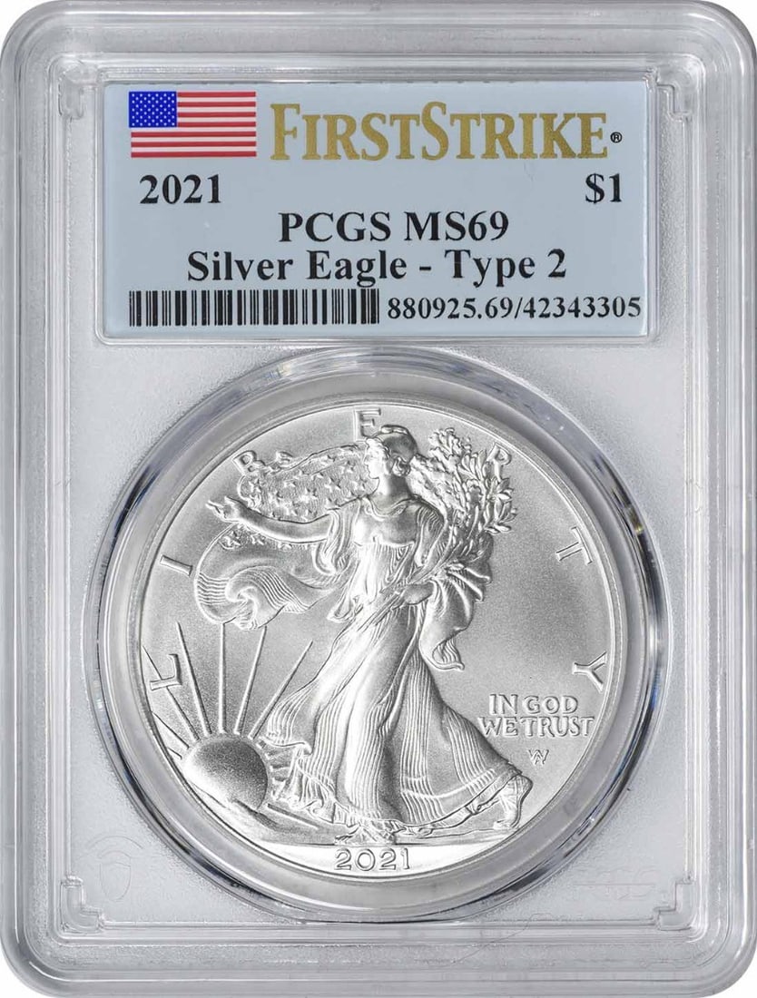 PCGS MS69 First Strike 2021 American Silver Eagle Type 2 Dollar: PCGS MS69 First Strike 2021 American Silver Eagle Type 2 Dollar 2021 American Silver Eagle Type 2 $1 coin graded MS69 by PCGS and designated First Strike. This pre-owned coin features the Type 2 desig