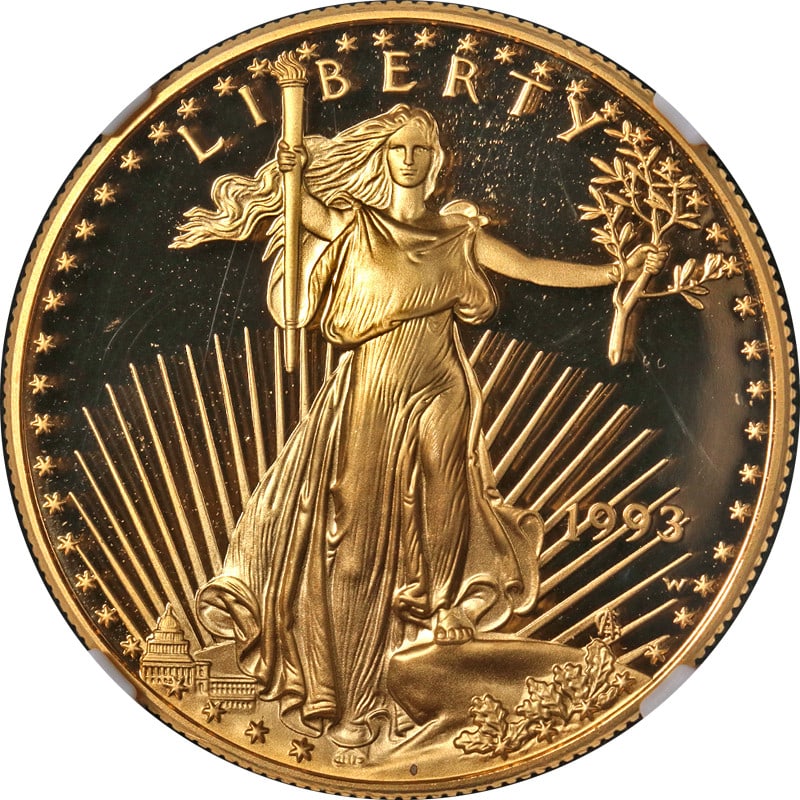 NGC PF70 Ultra Cameo 1993-W $50 Gold Eagle 1 oz Brown Label Coin: NGC PF70 Ultra Cameo 1993-W $50 Gold Eagle 1 oz Brown Label Coin This is an original 1993-W Gold American Eagle $50 coin, graded by NGC as PF70 Ultra Cameo with a Brown Label. The coin is uncirculated