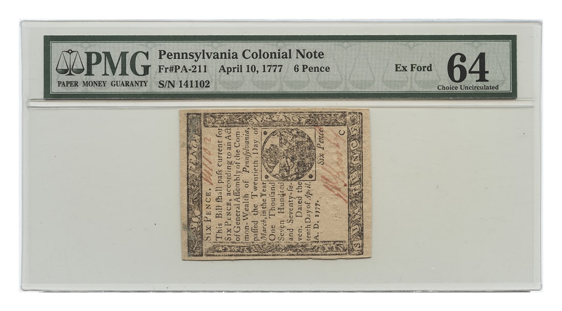 Pennsylvania 6 Pence Colonial Note dated April 10 1777 PMG UNC64 (1 of 2)