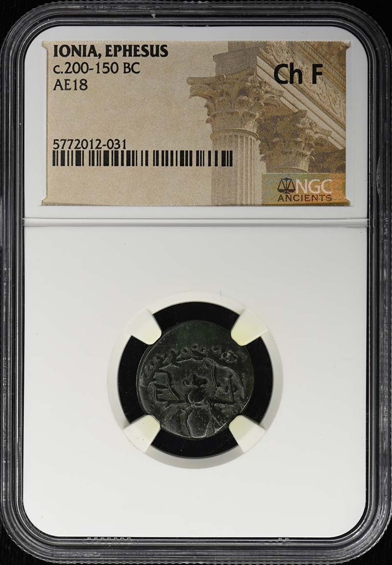 NGC Ch F AE18 Coin from Ephesus Ionia c.200-150 BC: NGC Ch F AE18 Coin from Ephesus Ionia c.200-150 BC Ancient Ionia, Ephesus AE18 coin dated c. 200-150 BC. This certified example is graded Ch F by NGC and is offered as a pre-owned piece. Specification