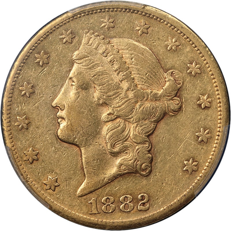 PCGS XF45 1882 CC Liberty Head $20 Gold Coin: PCGS XF45 1882 CC Liberty Head $20 Gold Coin Original 1882-CC Liberty Gold $20 coin graded PCGS XF45. This circulated pre-owned piece is noted for great eye appeal, nice luster, a nice strike, attract