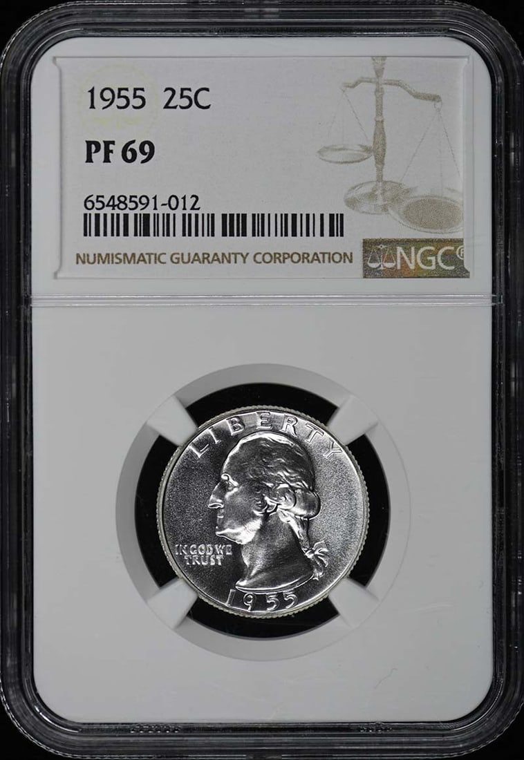 1955 Washington Quarter NGC PR69 Proof Coin Philadelphia: 1955 Washington Quarter NGC PR69 Proof Coin Philadelphia This 1955 Washington Quarter, graded PR69 by NGC, is a stunning example of uncirculated quality. Struck at the Philadelphia mint, this coin sho