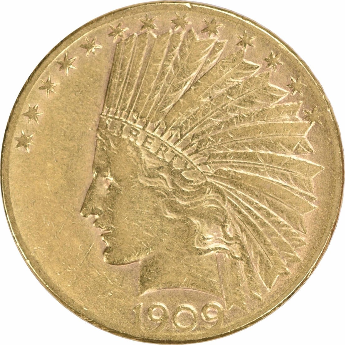 1909-S $10 Gold Indian Coin by Augustus Saint Gaudens: 1909-S $10 Gold Indian Coin by Augustus Saint Gaudens This 1909-S $10 Gold Indian coin, designed by Augustus Saint Gaudens, showcases exquisite craftsmanship and historical significance. The coin is c