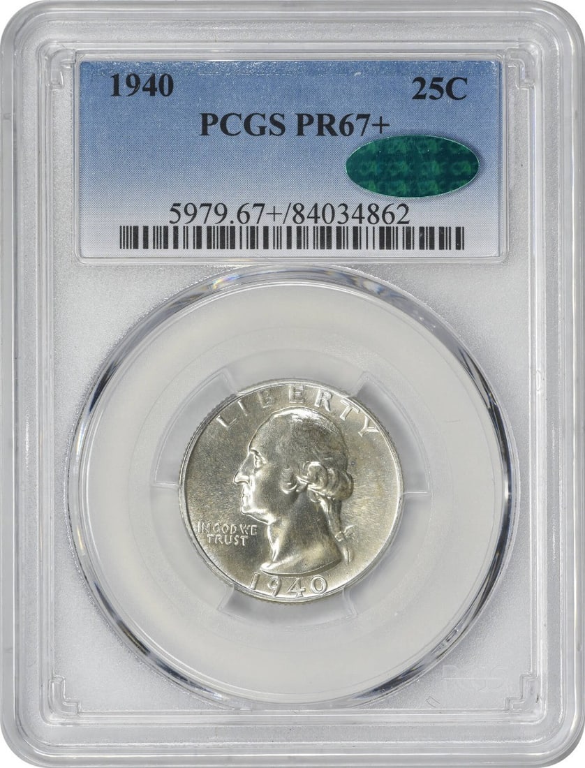 1940 Washington Silver Quarter PR67 PCGS Uncirculated Proof: 1940 Washington Silver Quarter PR67 PCGS Uncirculated Proof This 1940 Washington Silver Quarter is certified by PCGS with a PR67+ grade and features the CAC designation, indicating its high quality. S