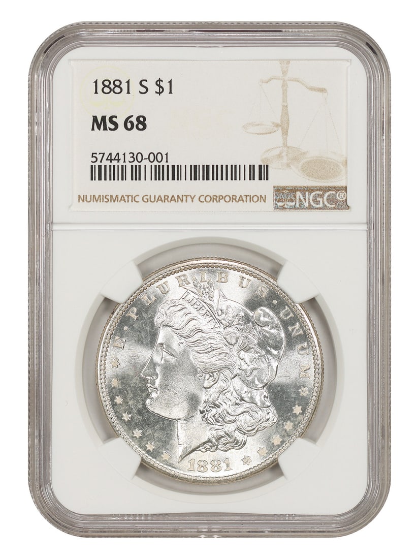 NGC MS68 1881-S Morgan Silver Dollar $1 Uncirculated: NGC MS68 1881-S Morgan Silver Dollar $1 Uncirculated 1881-S Morgan Dollar graded NGC MS68. This uncirculated example is described as a date universally known to be the single best struck Morgan silver