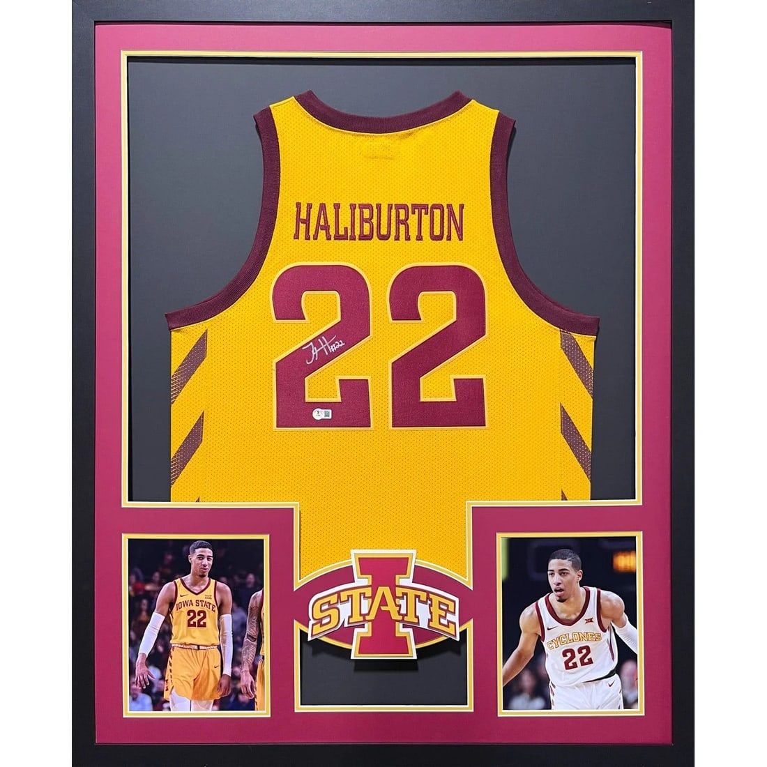 Tyrese Haliburton Autographed Iowa State Jersey Framed Beckett Authenticated: Tyrese Haliburton Autographed Iowa State Jersey Framed Beckett Authenticated This autographed Tyrese Haliburton framed jersey showcases a stunning representation of his time at Iowa State. Authenticat