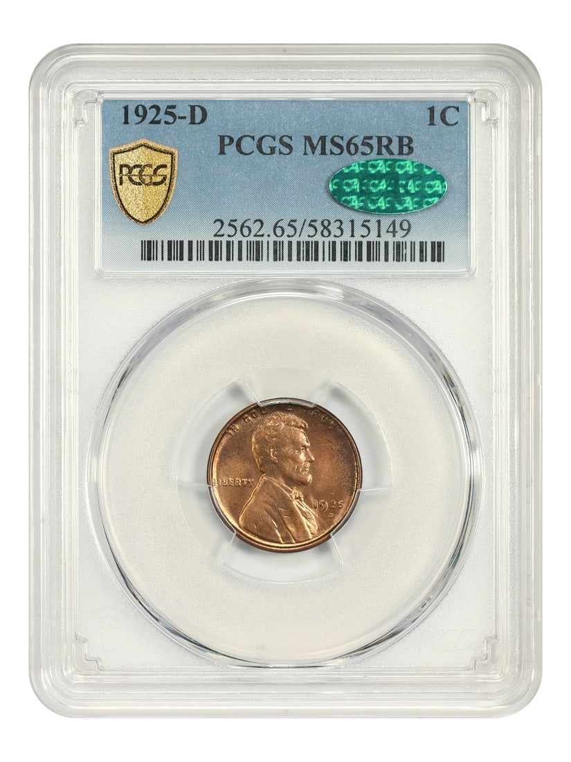 PCGS CAC MS65RB 1925 D Lincoln Wheat Cent 1C: PCGS CAC MS65RB 1925 D Lincoln Wheat Cent 1C 1925-D Lincoln Cent with Wheat Reverse, certified by PCGS and CAC in MS65RB. This uncirculated Denver Mint issue is noted as a tougher example to locate wi